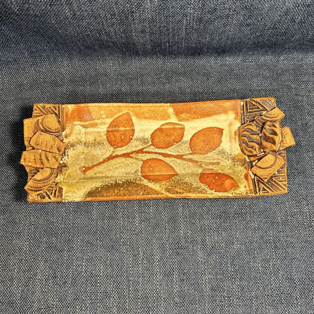 Studio Art Pottery Tray Leaves 14" Raku Fired Brutalist Style Trinket Dish